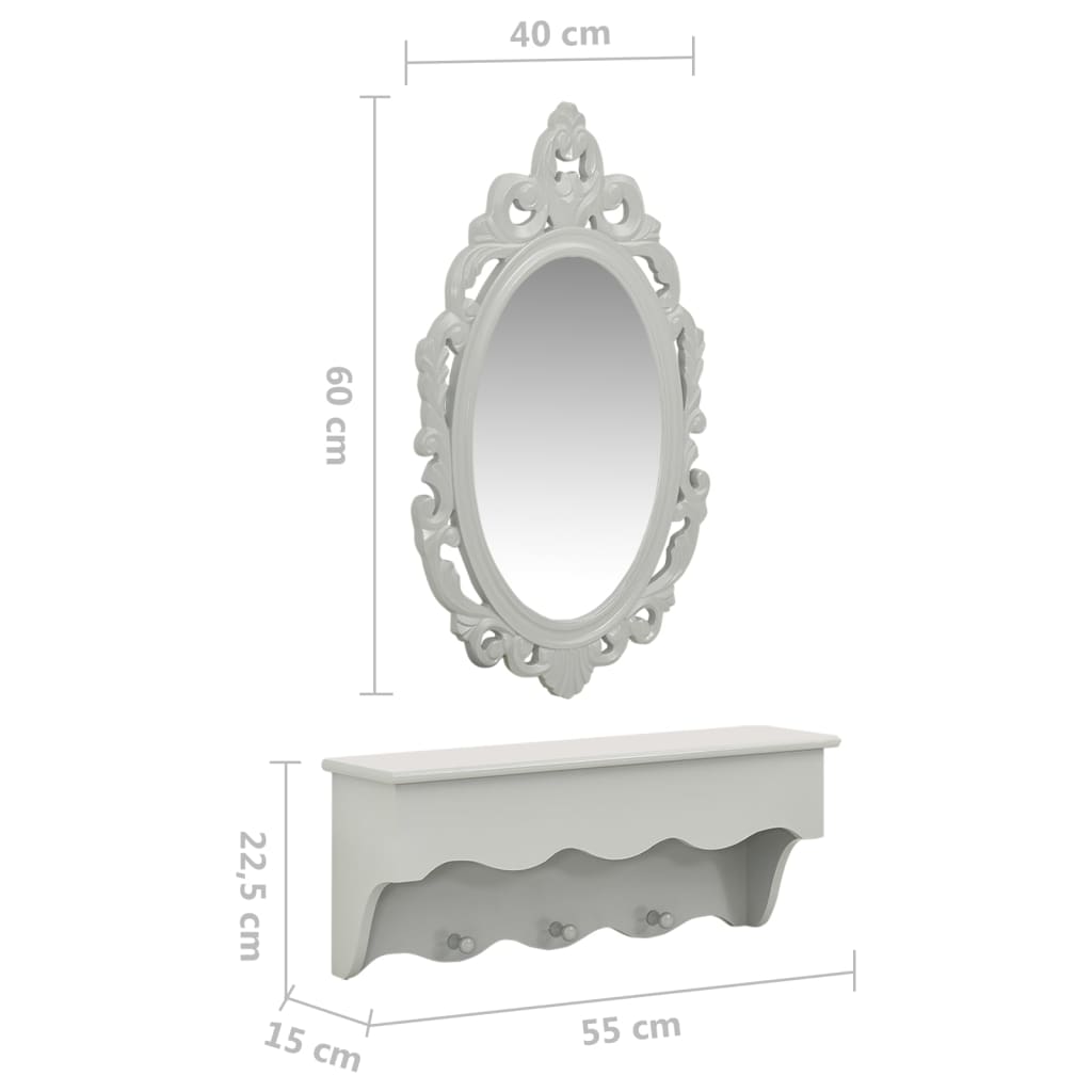 vidaXL væghylde med knager og spejl grå