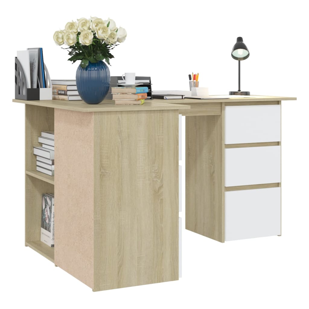 vidaXL skrivebord 145x100x76 cm konstrueret træ hvid og sonoma-eg