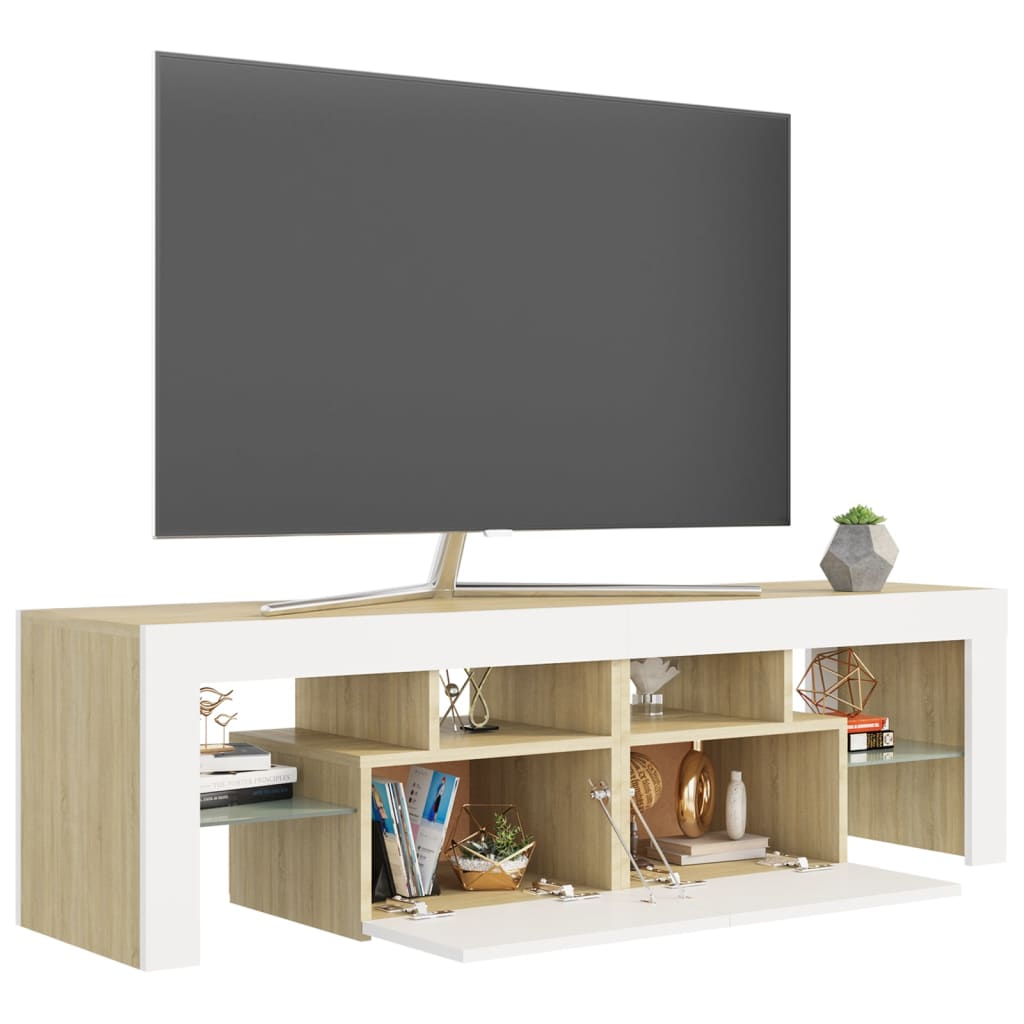 vidaXL tv-bord med LED-lys 140x36,5x40 cm hvid og sonoma-eg