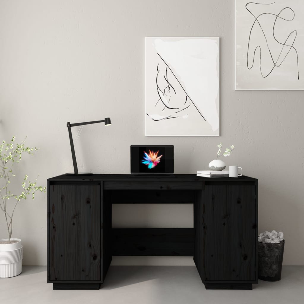 vidaXL skrivebord 140x50x75 cm massivt fyrretræ sort