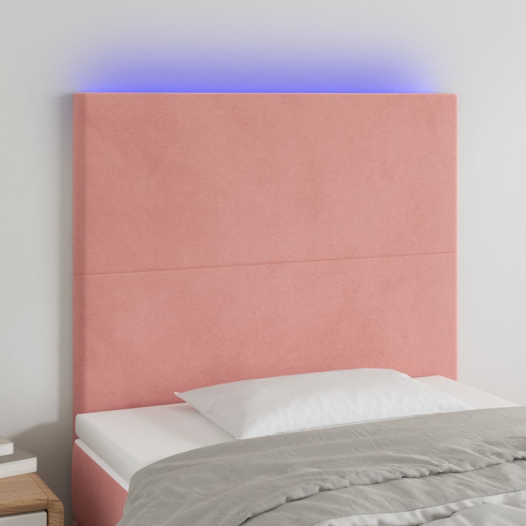 vidaXL sengegavl med LED-lys 100x5x118/128 cm fløjl lyserød