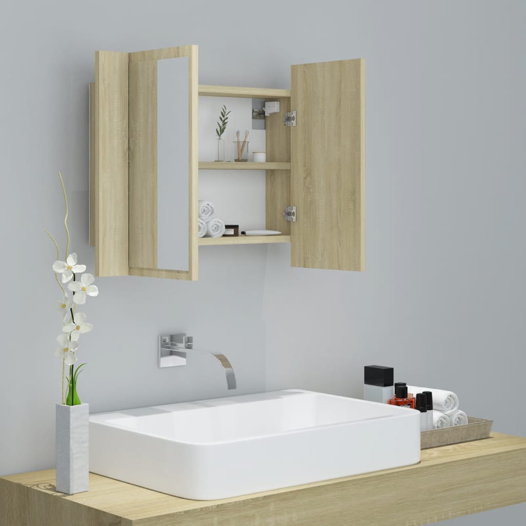 vidaXL badeværelsesskab m. spejl og LED-lys 60x12x45cm akryl sonoma-eg