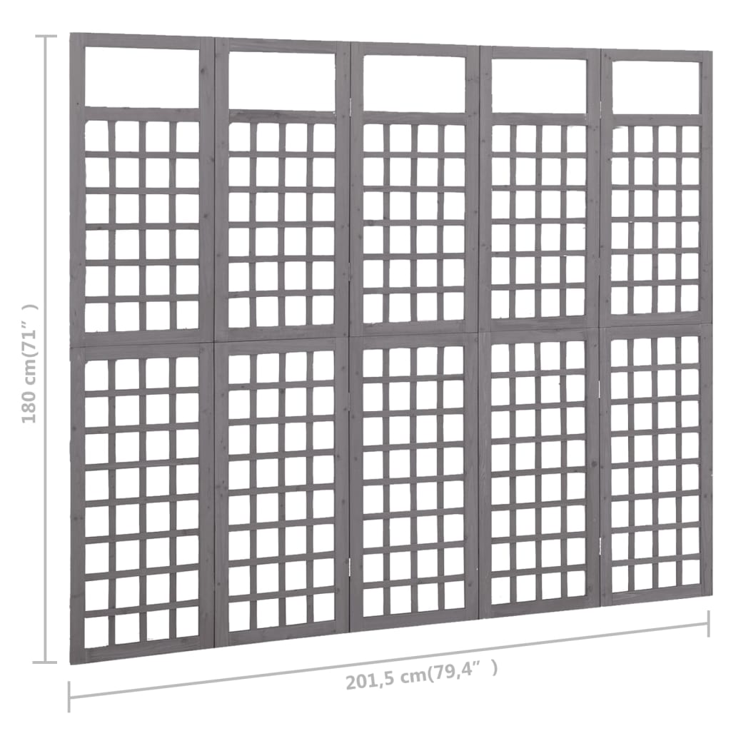 vidaXL 5-panels rumdeler/espalier 201,5x180 cm massivt grantræ grå