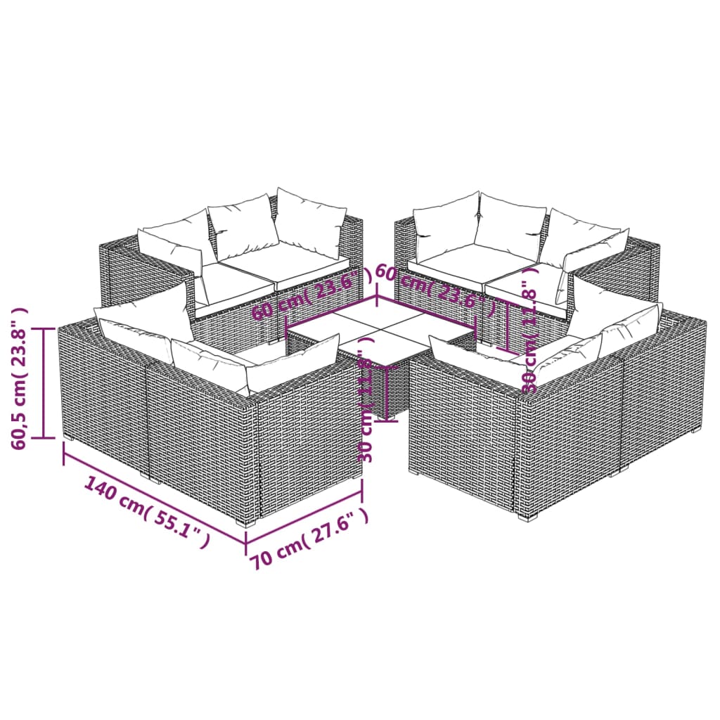 vidaXL loungesæt til haven 9 dele med hynder polyrattan grå9