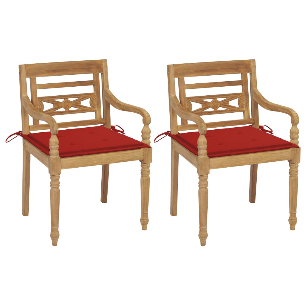 vidaXL Batavia-stole 2 stk. med røde hynder massivt teaktræ