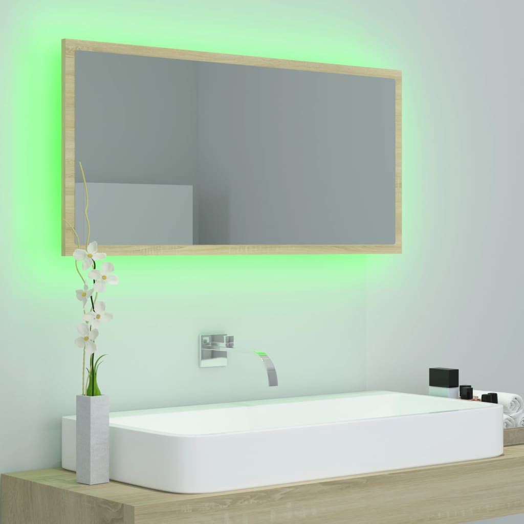 vidaXL badeværelsesspejl med LED-lys 90x8,5x37 cm akryl sonoma-eg