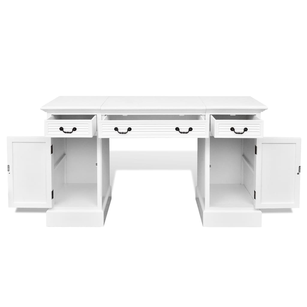 Hvidt skrivebord med skabe i begge sider og skuffer