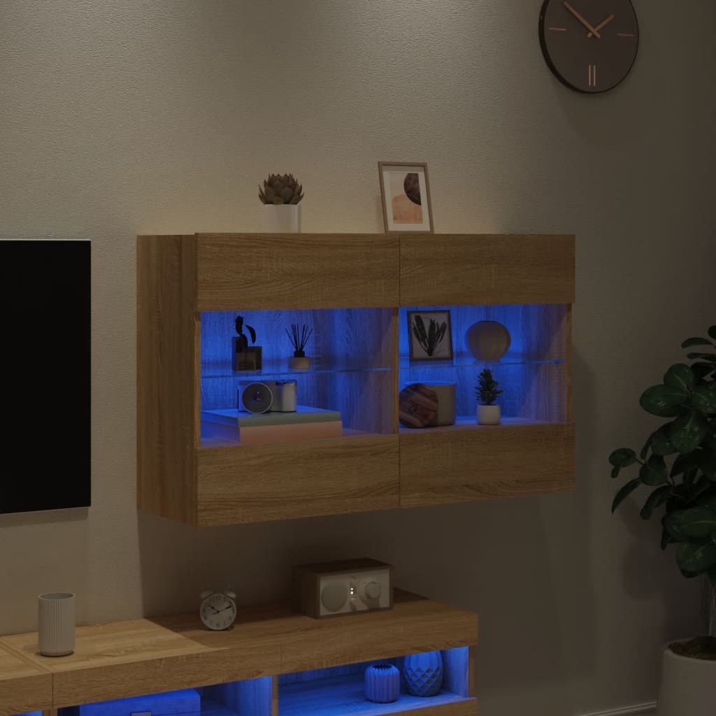 vidaXL væghængt tv-bord med LED-lys 98,5x30x60,5 cm sonoma-eg