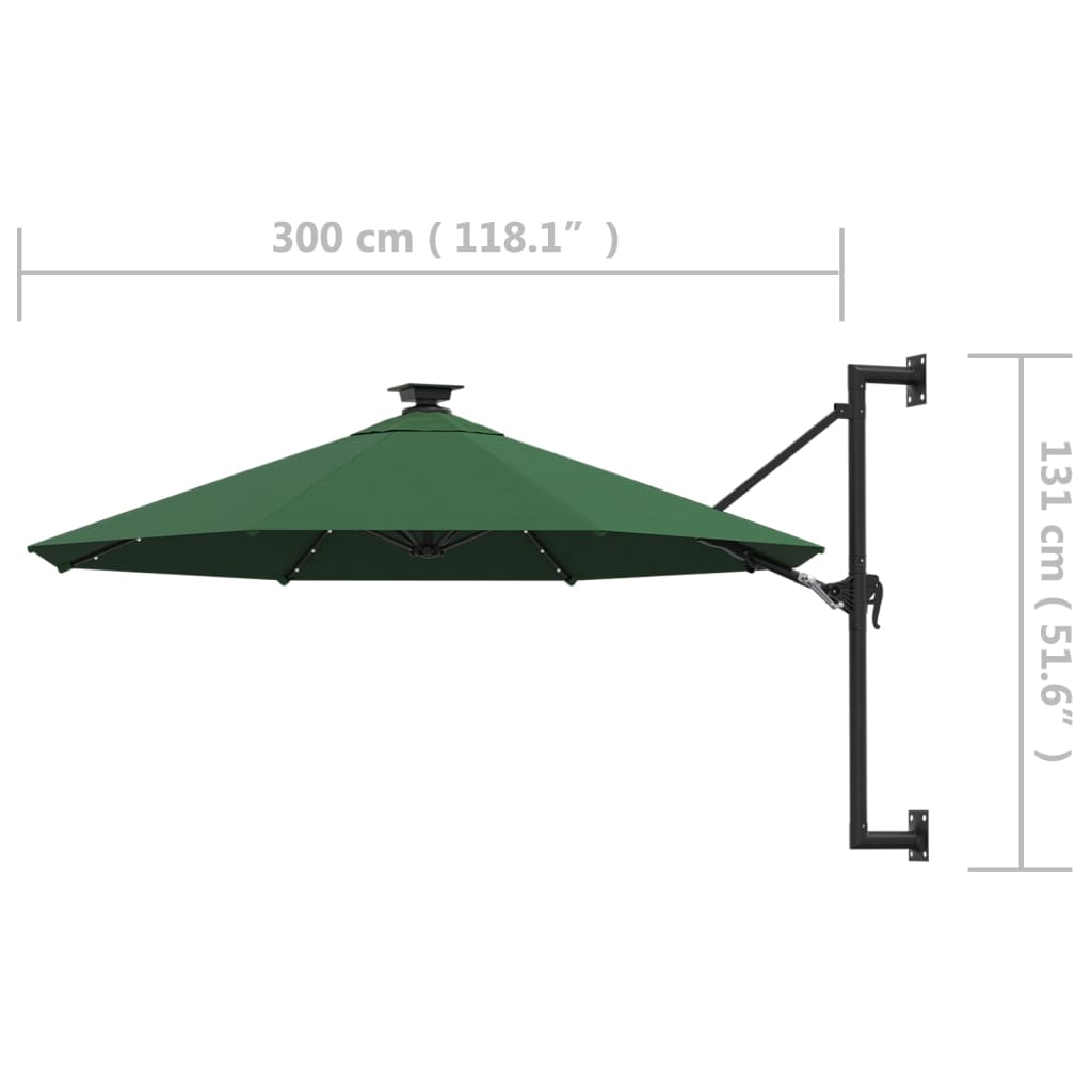vidaXL væghængt parasol med LED og metalstang 300 cm grøn