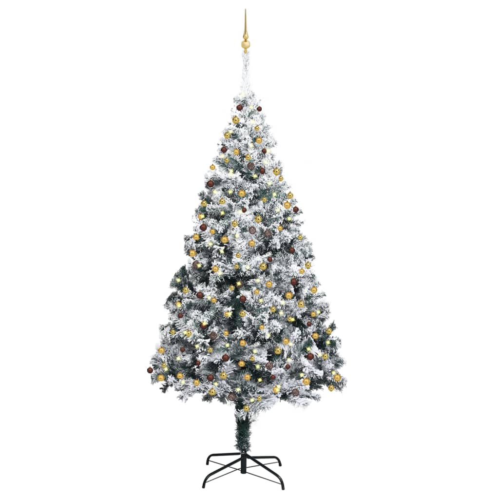 vidaXL kunstigt juletræ m. LED og kuglesæt + puddersne 300 cm grøn