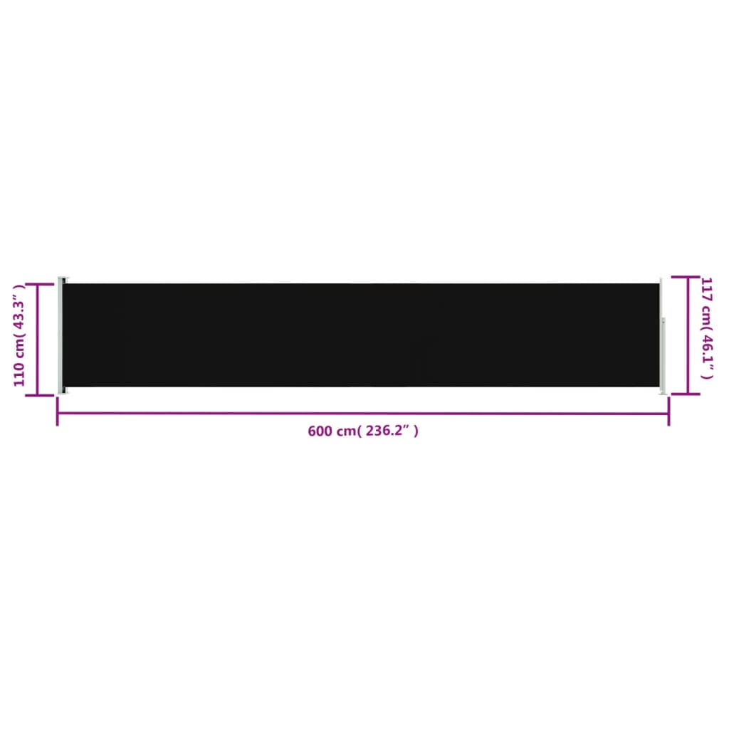 vidaXL sammenrullelig sidemarkise til terrassen 117x600 cm sort