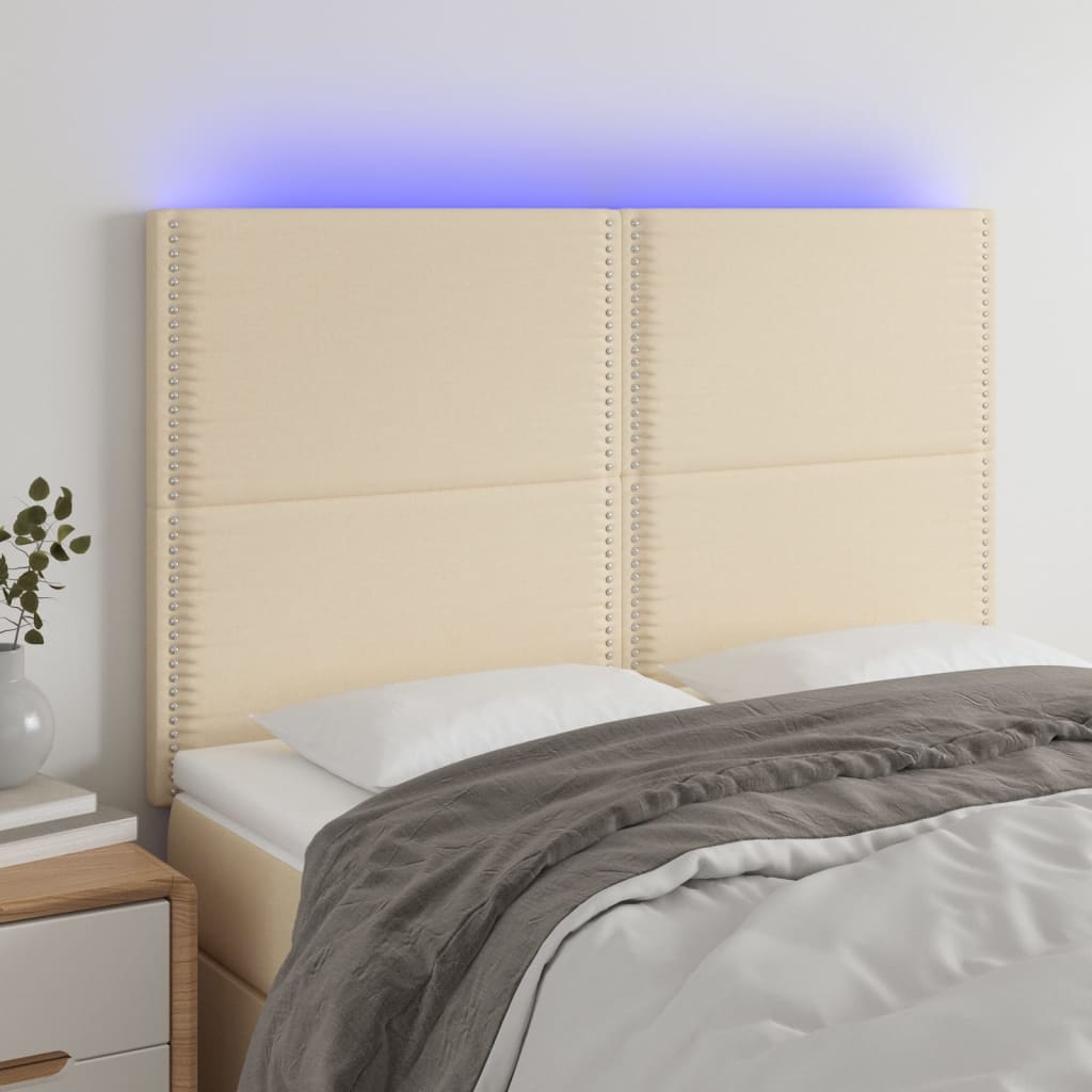 vidaXL sengegavl med LED-lys 144x5x118/128 cm stof cremefarvet