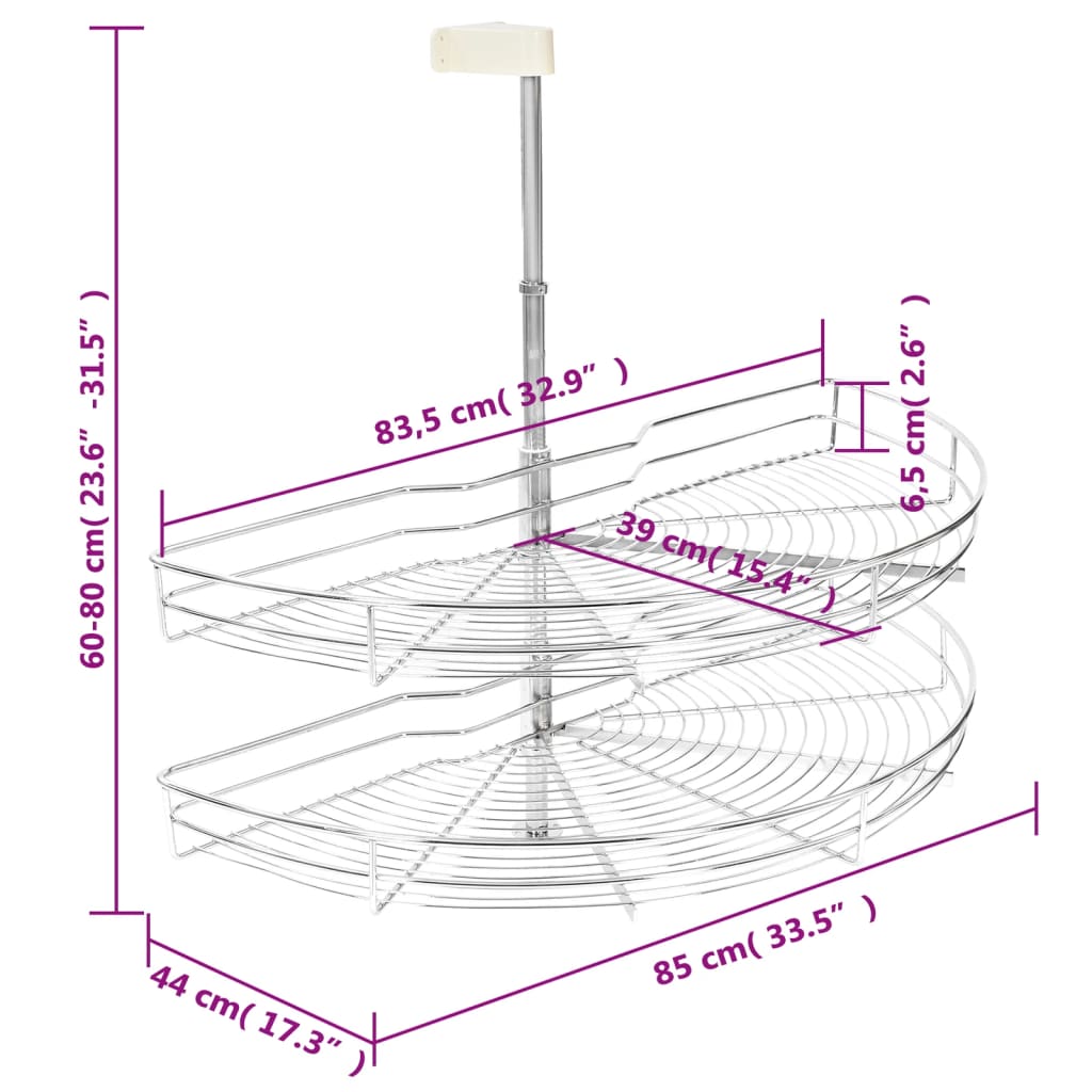 vidaXL køkkenkurv i trådnet 2 niveauer 180 grader 85x44x80 cm sølvfarvet