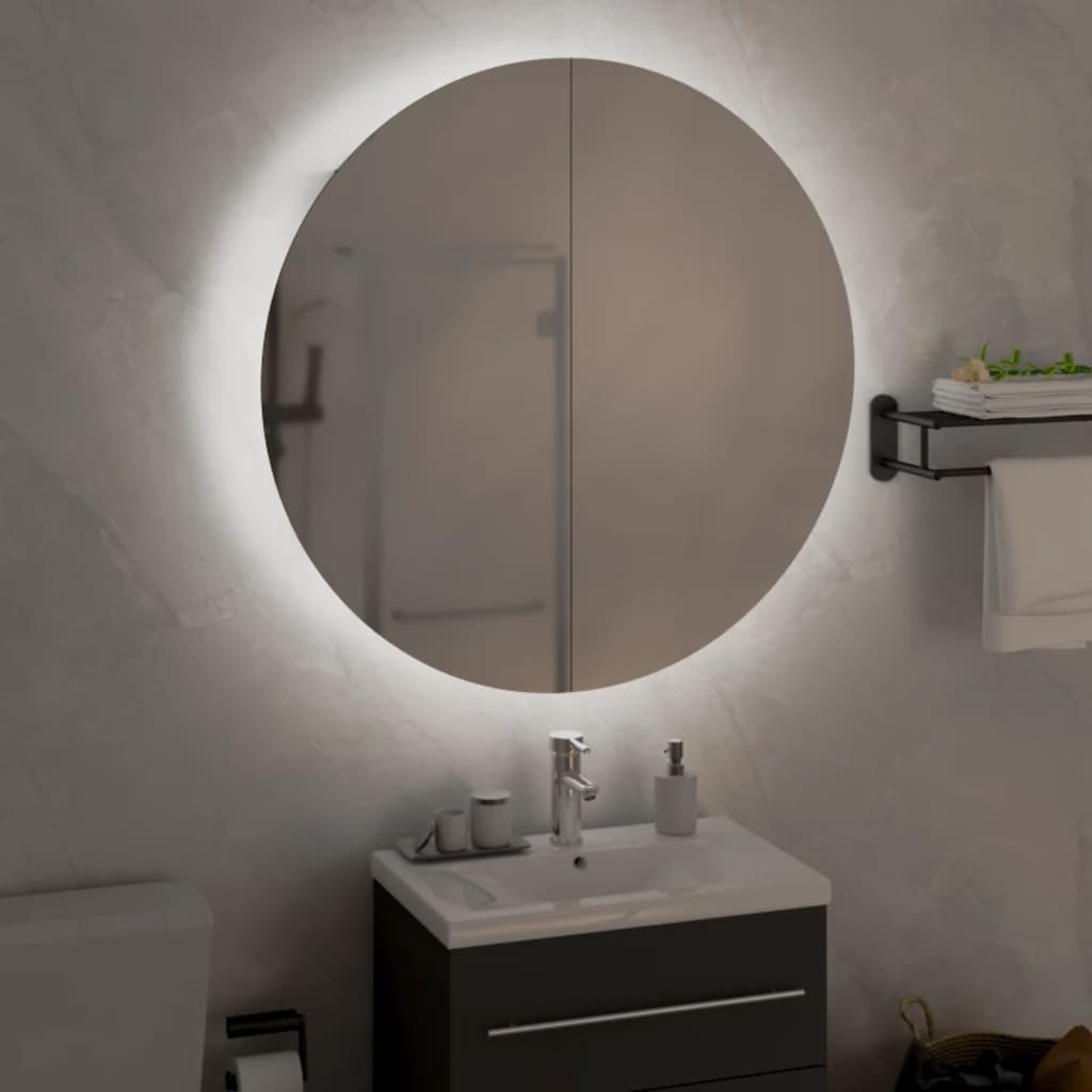 vidaXL badeværelsesskab med rundt spejl og LED-lys 40x40x17,5 cm grå