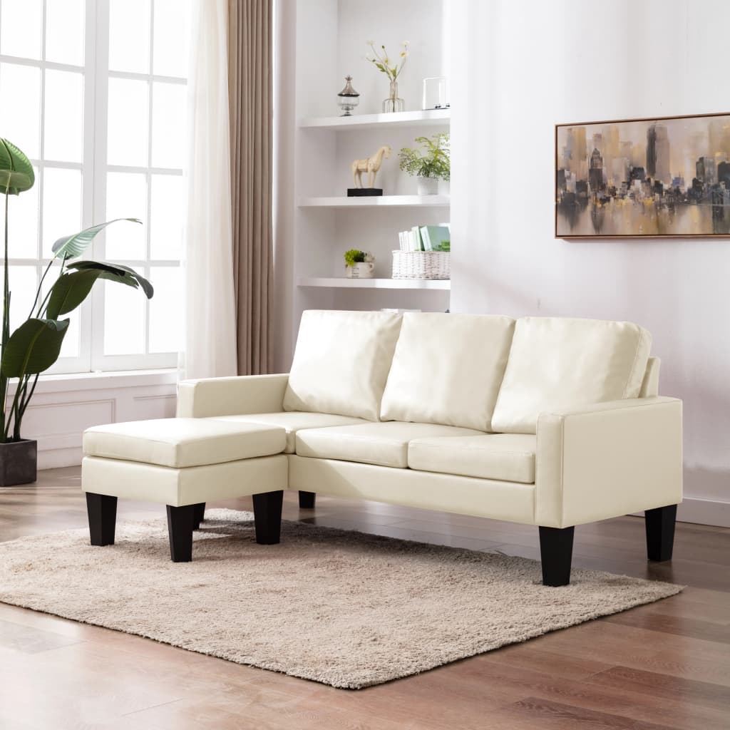 vidaXL 3-personers sofa med fodskammel kunstlæder cremefarvet
