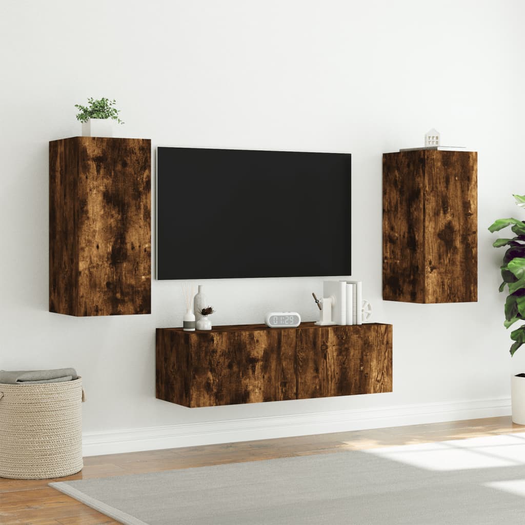 vidaXL tv-møbel til væg 3 dele med LED-lys røget egetræsfarve