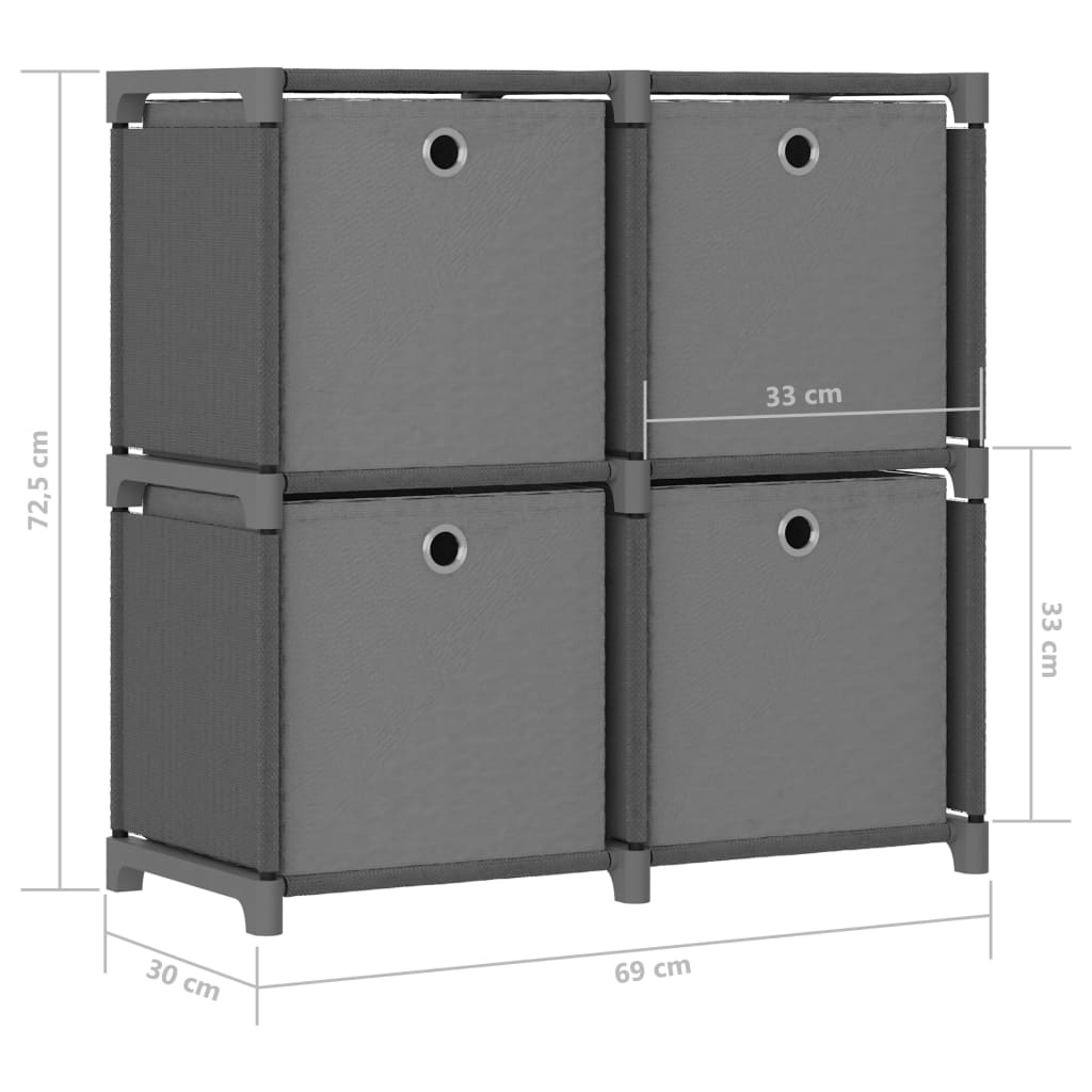 vidaXL reol med 4 rum og kasser 69x30x72,5 cm stof grå